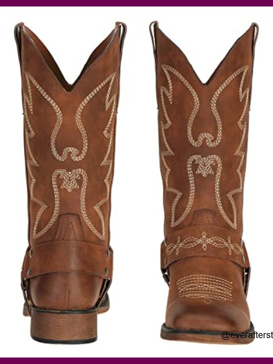 Square Toe Cowgirl Boots with Detachable Strap, Faux Leather, Wide Calf - Picture 4 of 7